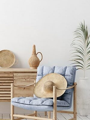 Wall mock up in white simple interior with wooden furniture, Sca