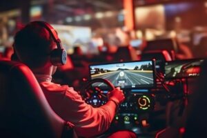 professional gamers playing online car racing esport simulator with steering wheel competition, Generative AI