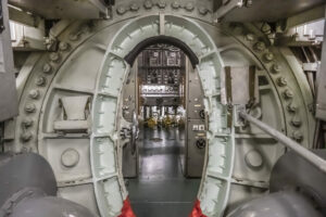 Inside French submarine "Espadon" ("Swordfish", 78-m long), craft was launched in Le Havre in 1957. Espadon converted into a museum in 1986. Saint-Nazaire, Loire-Atlantique, France. AUGUST 14, 2021.