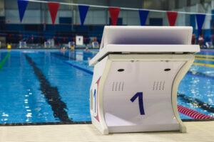 The starting bollard in the Olympic pool without people. Good quality photo.