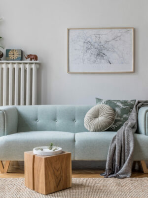Stylish scandinavian living room interior with design mint sofa,
